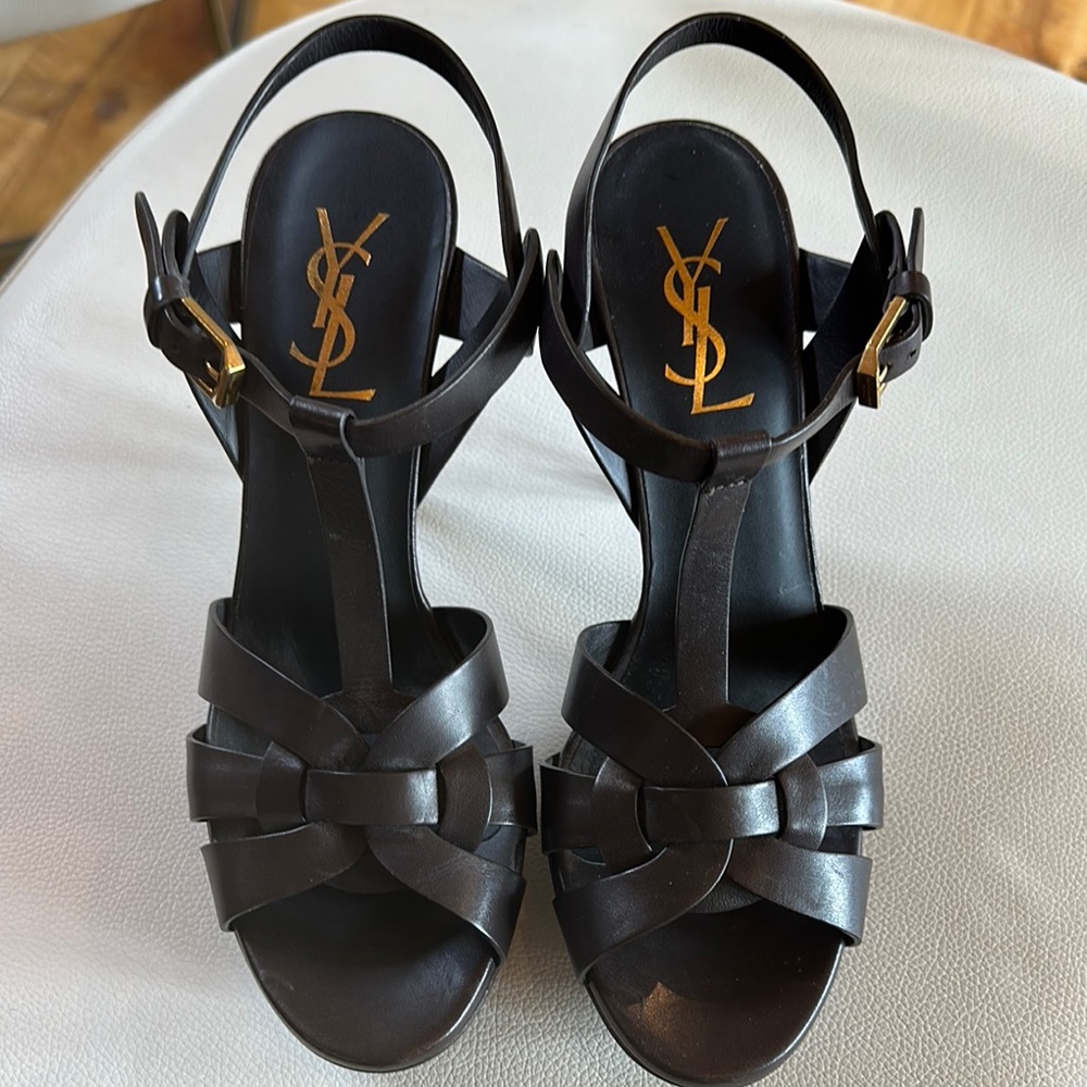 Yves Saint Laurent Dark Brown Strappy Sandals with Gold Buckle